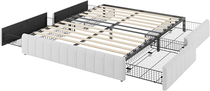 Allewie Queen Size Platform Bed Frame with 4 Large Storage Drawers, Velvet Vertical Channel Tufted Upholstered Bed Base, Wooden Slats Support, Noise-Free, No Box Spring Needed, Easy Assembly, White