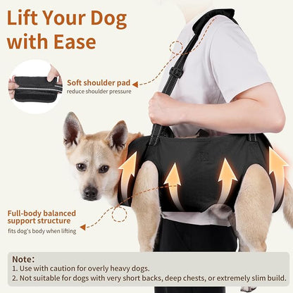 Full Body Dog Lift Harness, Support Senior & Disabled Dogs Walking | Help Up & Down Stairs Grooming, Dog Sling Backpack, Front Hind Leg Joint Injuries, Reflective, Soft Padded Handle | Black, M