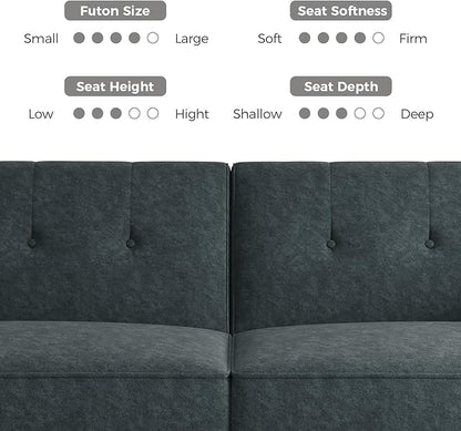 89” Futon Sofa Bed, Comfy Futon Couch Bed with 2 Square Pillows,Convertible Sleeper Sofa with Adjustable Backrest& Armrests, Modern Loveseat Sleeper for Living Room,Velvet Fabric Dark Gray