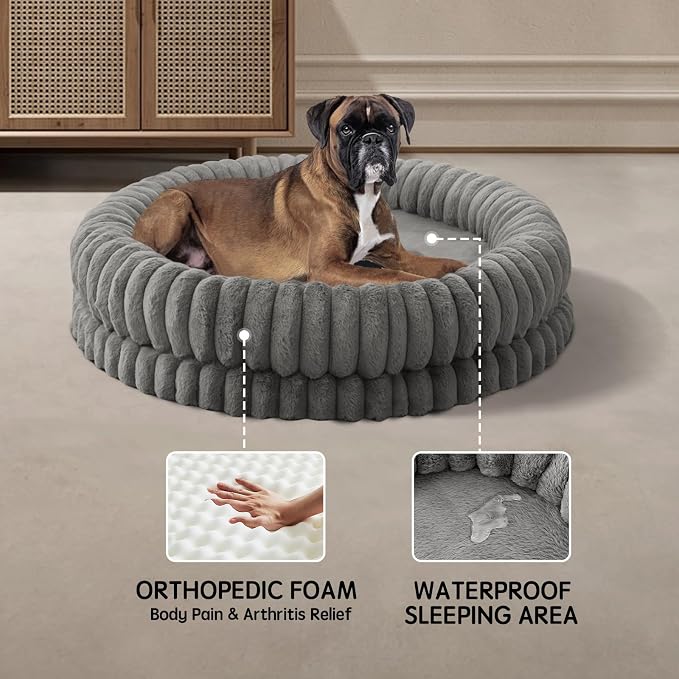 BALANCE Luxury Donut Dog Bed, 43 Inches Round Dog Beds Large Sized Dogs Washable, Orthopedic Calming Dogs Bed for Pets with Anti-Slip Bottom, Gray