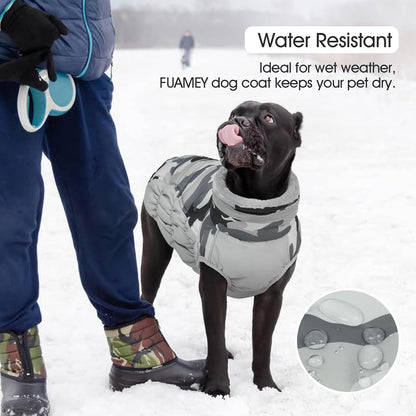 FUAMEY Dog Coat for Large Dogs,Waterproof Dog Winter Jacket with Harness Built in Puppy Cold Weather Coats Reflective Pet Vest with Zipper Warm Fleece Dogs Snowsuit Windproof Grey Camo XXL