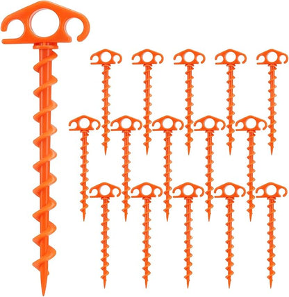 COBARYEN Tent Stakes Ground Anchors Screw in, 16 Pack Sand Stakes for Beach 9.4 Inch Heavy Duty Spiral Tent Pegs for Camping, Party, Hiking, Outdoor Decoration (16, Orange)