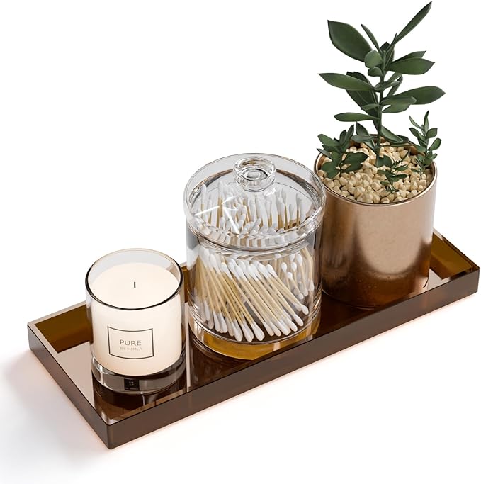 11" x 4.3" Bathroom Vanity Tray Acrylic Decorative Counter Organizer for Soap Dispenser, Perfume, Candle, Makeup - Rectangle Tray for Sink, Toilet Tank, Dresser Home Decor, Small Brown