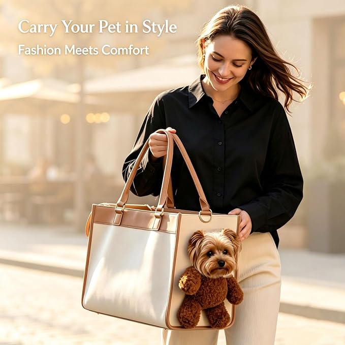 Teddy Bear Dog Carrier Bag, Teddy Carrier Bag for Dogs and Cats, Portable PU Leather Shoulder Tote with Plush Ears, Portable Convenient，White Brown Color Scheme M