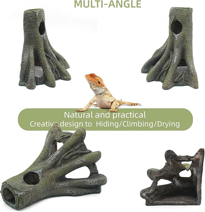 Aquarium Decor Corner Tree Stump Trunk Hollow Betta Cichlid Cave Rocks, Reptile Tank Accessories Climing Ramp for Reptiles, Amphibians, Leopard Gecko, Snake, Lizard, Frogs, Fish