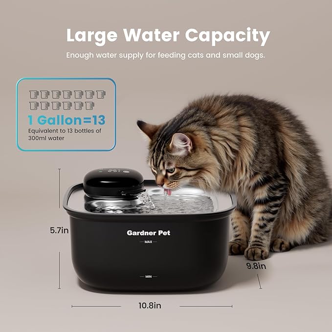Gardner Pet Wireless Cat Water Fountain Stainless Steel Tray, 3.78L Cat Fountain Battery Operated, Cordless Pet Water Fountain for Cats & Dogs with Motion Sensor, Temperature Display - 1 Gallon