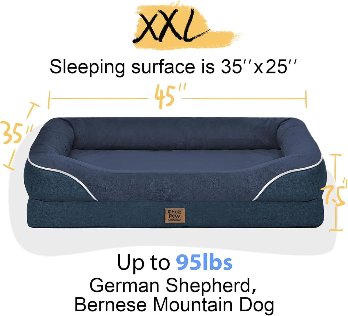 Washable Orthopedic Large Dog Bed - Extra Large Dog Bed with Bolsters Removable Orthopedic Foam Support Dogs Beds for XL Large Size Pet with Waterproof Cover Non-Slip Bottom