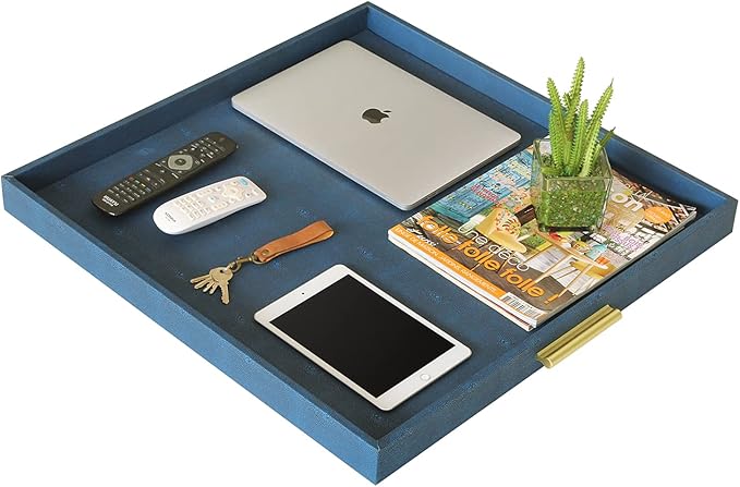HofferRuffer Extra Large Square Serving Tray, Elegant Faux Leather Ottoman Tray with Gold Hardware Handles, Serve Tea, Coffee or Breakfast in Bed, 24 x 24 inches (Navy Blue Shagreen)