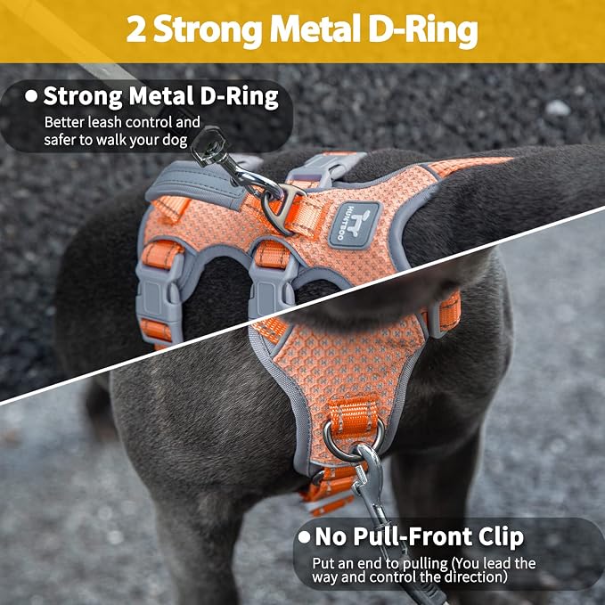 Escape Proof Dog Harness, No Pull Reflective Harness with Lift Handle, Adjustable Pet Vest with Front and Back Leash Clips for Small Medium Large Dogs Walking Hiking Training (Orange,L)
