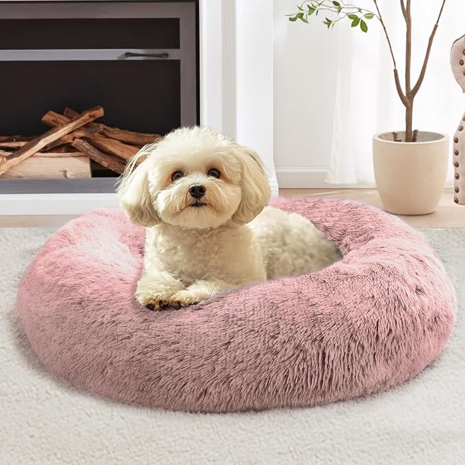 JOLLYVOGUE Calming Dog Bed for Small Dogs - 23 inches Donut Washable Small Dog Bed for Kittens & Puppies, Anti-Slip Round Fluffy Plush Faux Fur Cat Beds (Fits up to 25 lbs Pets, Dark Pink)