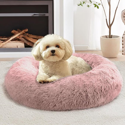 JOLLYVOGUE Calming Dog Bed for Small Dogs - 23 inches Donut Washable Small Dog Bed for Kittens & Puppies, Anti-Slip Round Fluffy Plush Faux Fur Cat Beds (Fits up to 25 lbs Pets, Dark Pink)