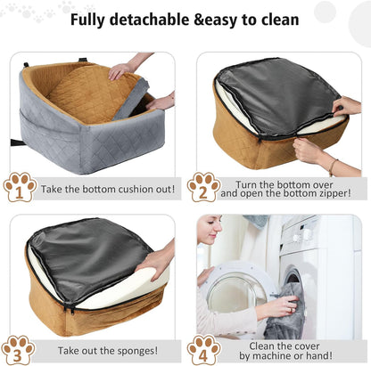 Dog Car Seat for Small Medium Dogs,Detachable Washable Dog Booster Seat Under 30lbs, Pet Car Seat Travel Bed with Storage Pockets and Dog Safety Belt(Grey/Brown)