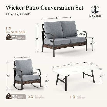 HERA'S HOUSE 4 Piece Metal Patio Furniture Set, 2 x Rocking Cushioned Chair, 2-Seat Lover Sofa with Coffee Table, All Weather Outdoor Conversation Set for Lawn Garden Backyard Deck, Grey