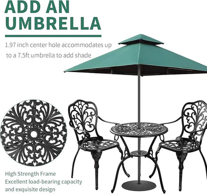 Withniture Bistro Set 3 Piece Outdoor, Cast Aluminum Patio Bistro Sets, Bistro Table and Chairs Set with Umbrella Hole, Black Bistro Table Set for Garden Porch Balcony (Butterfly Black)