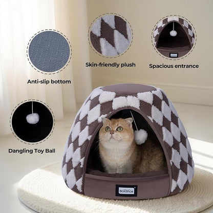 BALANCE Cat Beds for Indoor Cats, 2-in-1 Cat Bed Cave with Anti-Slip Bottom and Ultra-Soft Plush, Cozy Cats House Tent for Kittens and Small Dogs, 19 Inches, Dark Brown