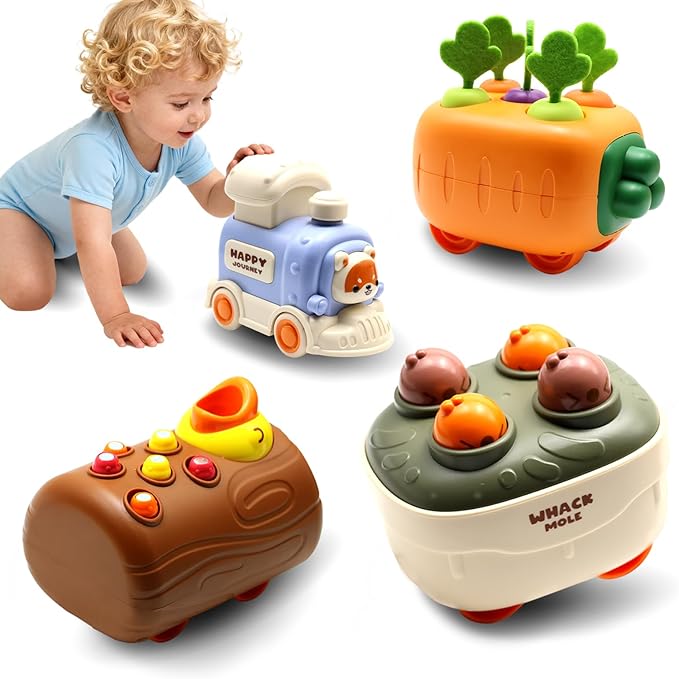 Press and Go Car Toys, Kids Push Car with Whack-A-Mole, Woodpecker Worm, Carrot Harvest Game, Car Racing Toy for Toddler Travel Toys, Baby Learning & Education Train Toys Birthday Boy Girl gift