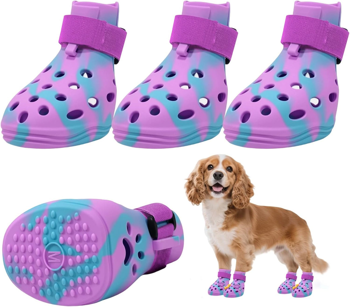 Dog Shoes for Hot Pavement, Adjustable Magic Tape Boots for Small, Medium & Large Dogs, Anti-Slip, Easy to Clean Paw Protectors for Beach, Outdoor & Hot Weather (Purple M)
