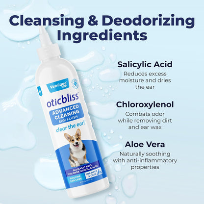 Vetnique Oticbliss Cat & Dog Ear Cleaners: Medicated Dog Ear Drops for Infection, Antiseptic Flush, & Wipes to Reduce Itchy Ears & Head Shaking - Vet Recommended for Itchy Ears (8oz, Flush)