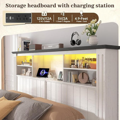 EnHomee Queen Bed Frame with Headboard, Bed Frame Queen Size with 4 Storage Drawers, Queen Bed with LED Lights & Charging Ports,No Box Spring Needed,NO Noise,Wooden, White