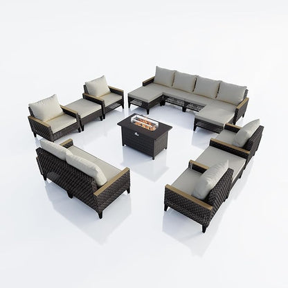 15 Pieces Outdoor Furniture Set, Modern Patio Conversation Sets with Fire Pit Table and Armchairs, Wicker Rattan Sofa Couches Chairs Ottomans for Porch, Deck, Balcony, Backyard, Yard (Beige Cushions)