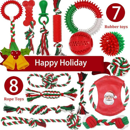 Beiker Christmas Dog Toys Bulk 15 Pack, Puppy Chew Toys for Teething Small Medium Puppies, Holiday Christmas Themed Presents Gifts Box Including Variety Tough Rubber and Rope Toys