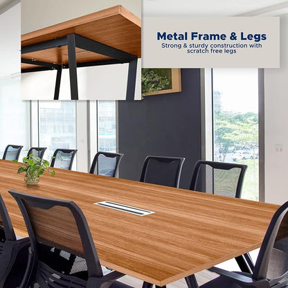 ahliss Sturdy Conference Table with Cable Management Grommets Modern Rectangle Office Meeting Table with Wood Tabletop and Metal Frame & Legs- Easy Assembly Boardroom Table (Natural, 12 Foot)