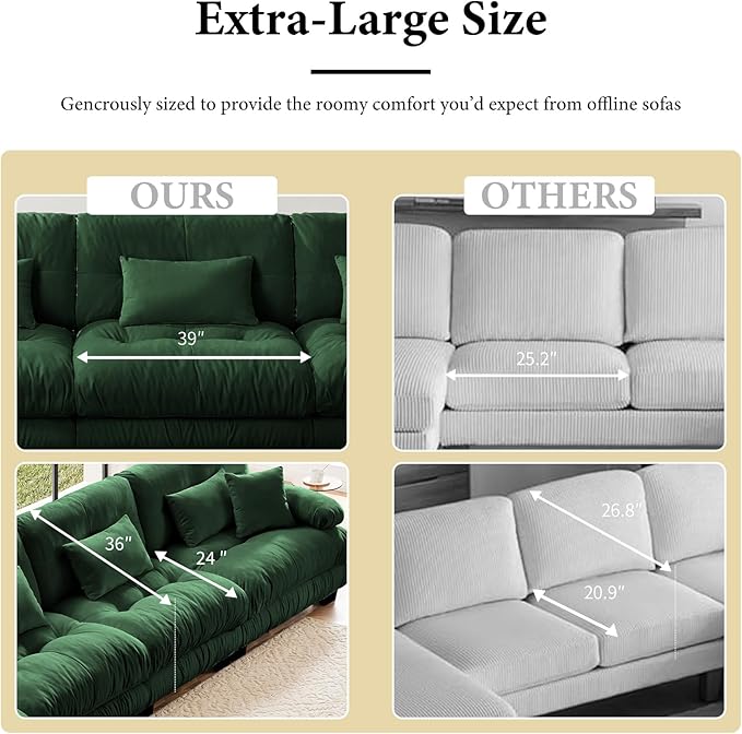 173.2" Oversized Couch, 4 Seater Modular Sectional Sofa, Green Large L Shaped Sectional Couches for Living Room, Fluffy Chenille Fabric Cloud Couch with Ottoman, Deep Seat Sofas