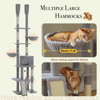 PAWZ Road Tall Cat Tree, Floor to Ceiling Cat Tower with Adjustable Height(85-112 Inches), 7 Tiers Climbing Tower with Cozy Hammocks, 5 Platforms and Scratching Posts for Indoor Cats-Gray