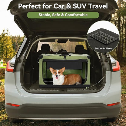 PETSFIT 30" Soft Portable Dog Crate – Patented Spiral Sturdy Frame, Collapsible Travel Kennel for Medium Dogs, 3 Mesh Door, Lockable Zippers, Indoor & Car Use Green