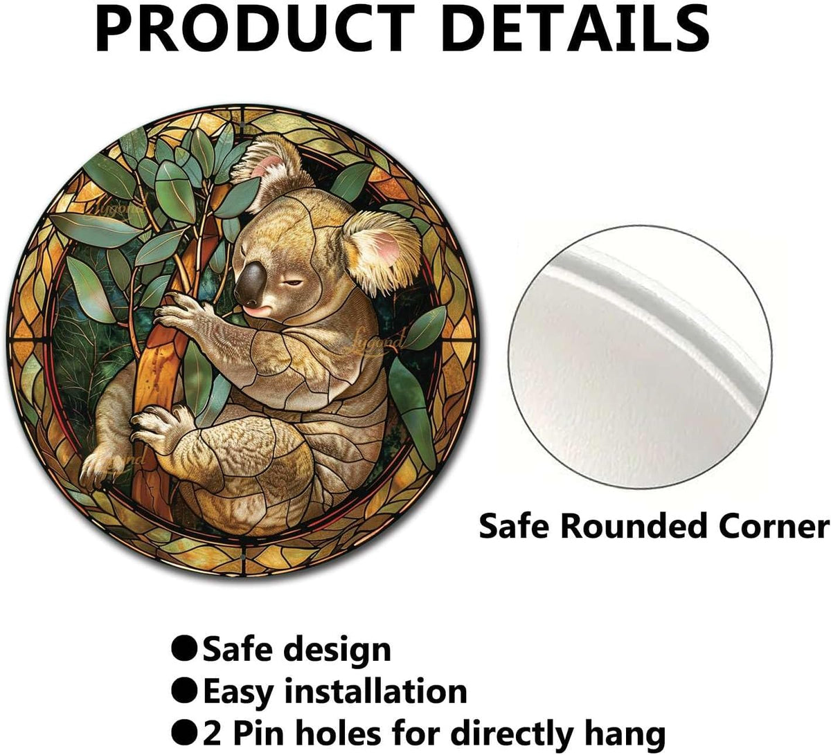 Lygond Metal Sign Tin Sign Circular Stained Glass Koala Tin Signs Gardening for Pub 12×12 Inches