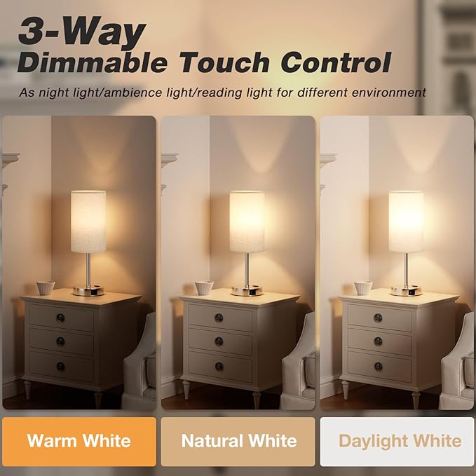 17.4Inch Bedside Touch Table Lamps for Bedroom Nightstand with USB-C USB-A Charging Ports White - 3 Way Dimmable Control Small Lamp Fabric Shade Silver Base for Office, Dorm Room, Living Room, Reading