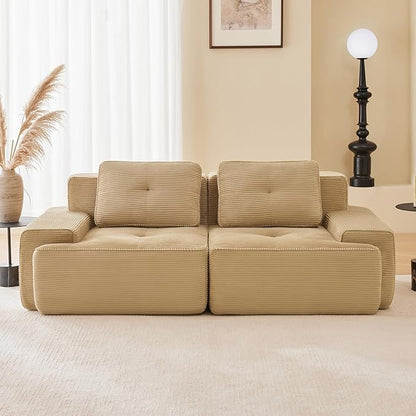 80" Modern Corduroy Boneless Love Seat Couches, 2 Seater Large Sectional Couches for Living Room, Camel Cloud Modular Sectional Sofa, Memory Foam, Extra Deep Loveseat, No Assembly
