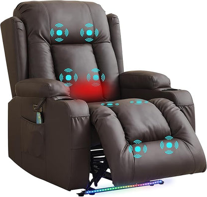 URRED Recliner Chair with Massage and Heat, Power Reclining Sofa Chair Home Theater Seating with LED Ambient Light, USB Ports, Cup Holders, Side Pockets, Faux Leather, Dark Brown