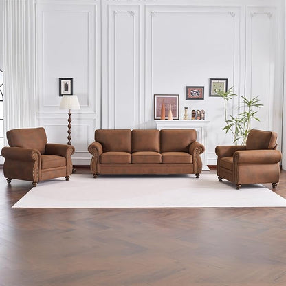 Couchus Living Room Furniture Sets,Sofa Sets and Couch Sets for Living Room,Mid-Century Vintage Sofa Couches with Rivet Design (Caramel, 2 Single+3 Seater)