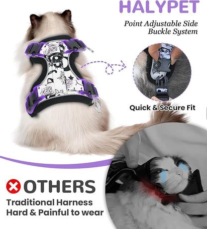 Halypet Cat Harness and Leash Set for Walking, Escape Proof Adjustable Vest Harness with 3-in-1 Integrated Buckles, Easy Control Soft Breathable Mesh with Reflective Strips for Cats, M, Moonlight Meow