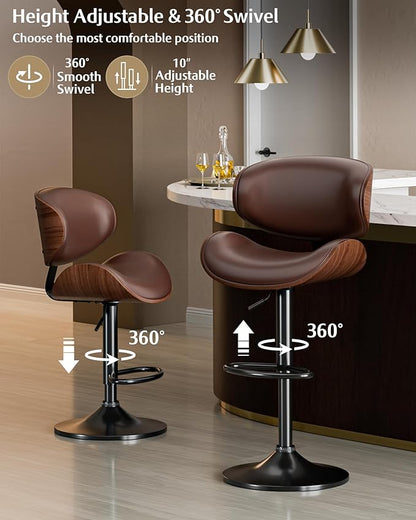 Aowos Bar Stools Set of 4, Adjustable Swivel Leather Bar Stools for Kitchen Island, Mid Century Modern Counter Height Bar Chairs Barstools with Back & Footrest (Brown)