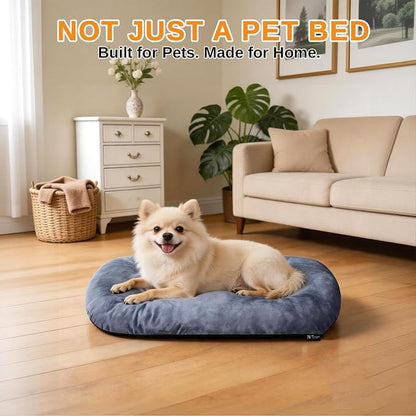 Washable Oval Small Dog Bed, Silver-Tipped High-Resilience, Dusty Blue | Non-Slip Bottom Prevents Sliding,Soft Plush Short Fur,Machine Washable Cushion,Ideal for Crates & Small Spaces,23"x17"x2.8"