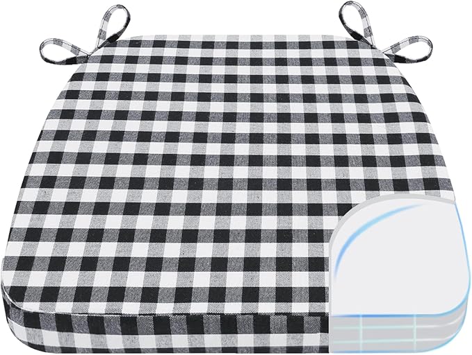 AAAAAcessories D-Shaped Chair Cushions, 2" Thick Dining Chair Pads with Ties and Removable, Machine-Washable Cover, 17" x 16", Checkered Black/White