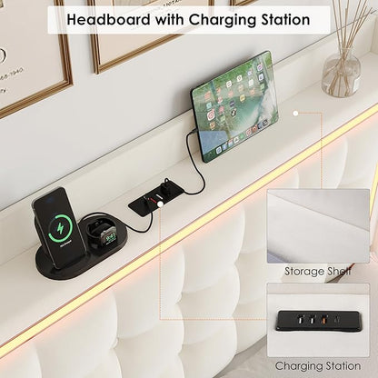 Keyluv Upholstered Full Floating Bed Frame with RGB LED Lights and Charging Station, Velvet Platform Bed with Button Tufted Storage Headboard, Type-C & USB Charging Ports, No Box Spring Needed, Beige