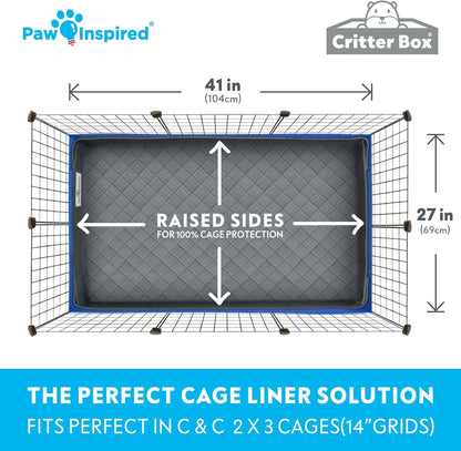 Paw Inspired Critter Box Washable Cage Liner, Reversible Fleece Bedding with Raised Sides for Guinea Pigs and Other Small Animals (C&C 2x3 (14" Grids), Gray/Blue)