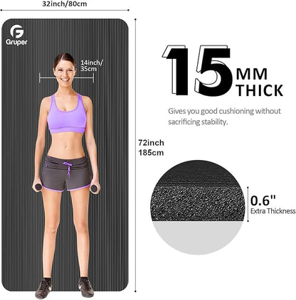 Yoga Mat Non Slip NBR Extra Thick Yoga Mat, 72"L x 32"/24"W x 0.6"/0.4"TH (185cm x 80cm/61cm x 15mm/10mm), Anti-Tear Exercise Mat with Carrying Strap and Bag, Workout Mats for Yoga, Pilates