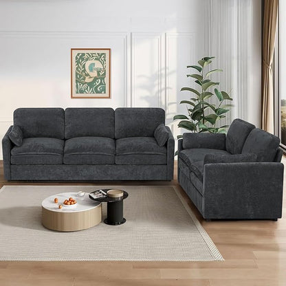2 Pieces Chenille Sofa Set w/Throw Pillows, Upholstered Loveseat & 3 Seater Sofa w/Comfortable Back Cushions, Modern 2-Seat & 3-Seat w/High-Density Foam for Living Room, Apartment, Grey