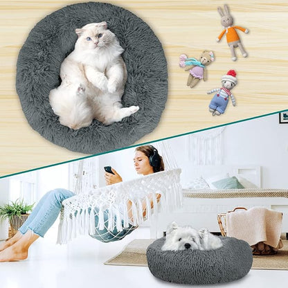 PetAmi Calming Dog Bed for Small Medium Dog Cat, Round Donut Washable, Fluffy Faux Fur Plush Cuddler Pet Kitten Cushion, Anti-Slip, Fits up to 25 lbs, 23 inch, Dark Gray