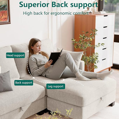 Modular Sectional U Shaped Sofa Couches for Living Room, Cloud Couch with Storage Ottoman, Comfy Chenille Sofa with Pillow, Beige
