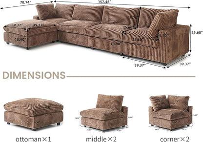 WJShome Cloud Modular Sectional Sofa,160" Oversized L Shaped Sofa Couch with Storage Ottoman,5 Seater Comfy Couch with Chaise Couches,Covers Washable&Replaceable (Brown)
