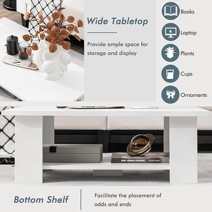 Tangkula 2-Tier Coffee Table, Modern Rectangular Center Cocktail Table with 5 Support Legs, Wooden Accent Living Room Furniture, Small Coffee Table for Small Spaces, Easy Assembly (White)