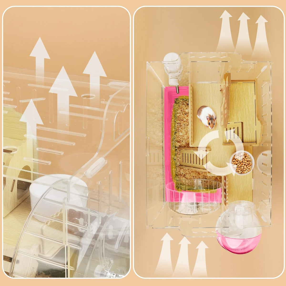 8 in 1 Clear Acrylic Hamster Cage with All Accessories,13.5''L* 10''W* 13''H Dwarf Hamster Cage,Small Hamster Habitat,Garden Style Mouse Cage for Pet Mice,Hamster Enclosure(1-Layer,Pink)