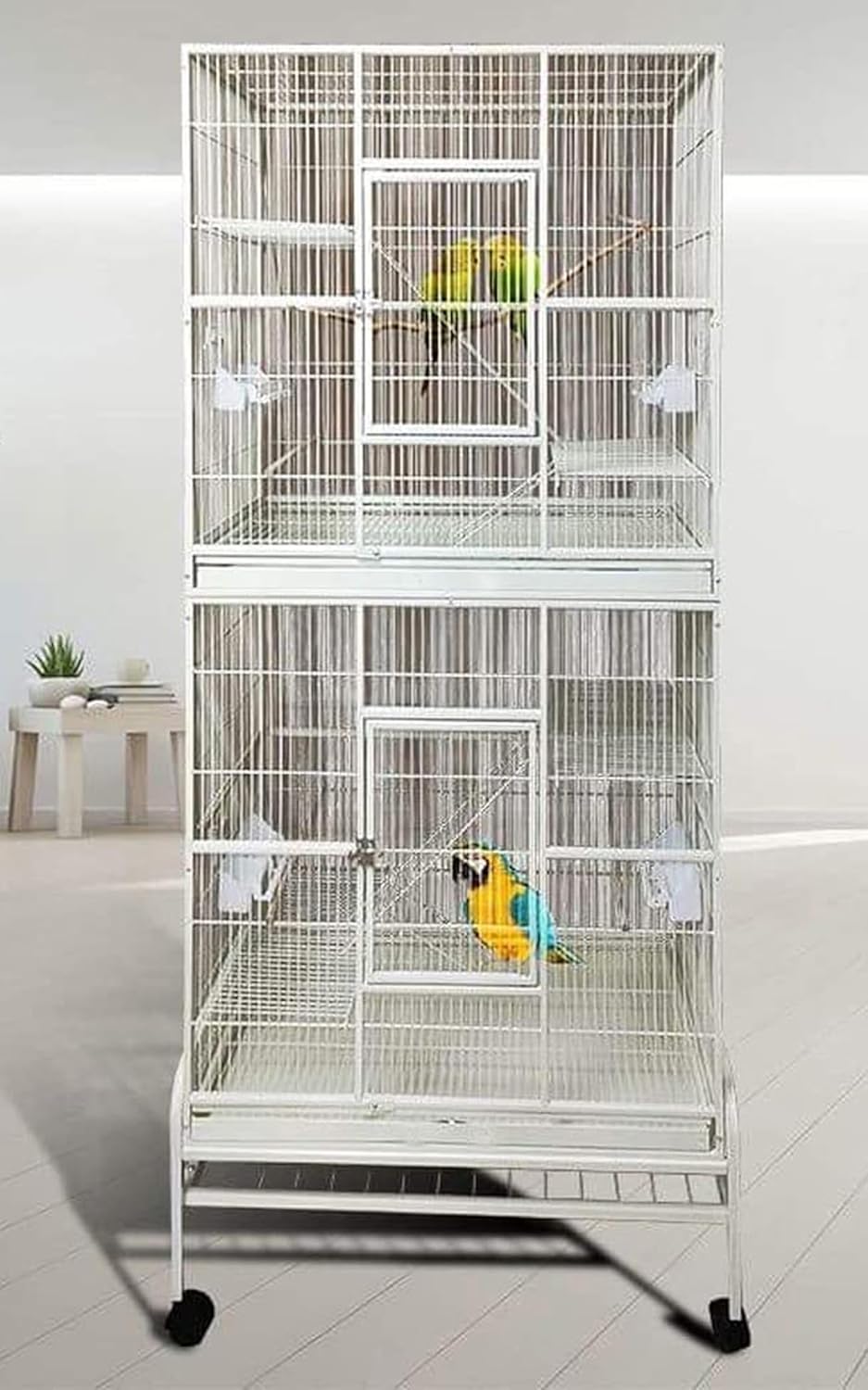 Extra Large Double Stacker Breeding Flight Bird Wrought Iron Double Parrot Bird Breeder Cage Side Nesting Box Doors Easy Clean Pull Out Metal Grate and Tray with Removalbe Rolling Stand