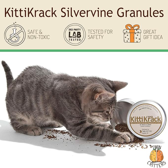 KittiKrack Rock Organic Silvervine Catnip Substitute for Cats & Kittens | All-Natural Wild Harvested Silvervine Granules | 4 Refills for TWINCRITTERS Refillable Plush Cat Toys | 10g