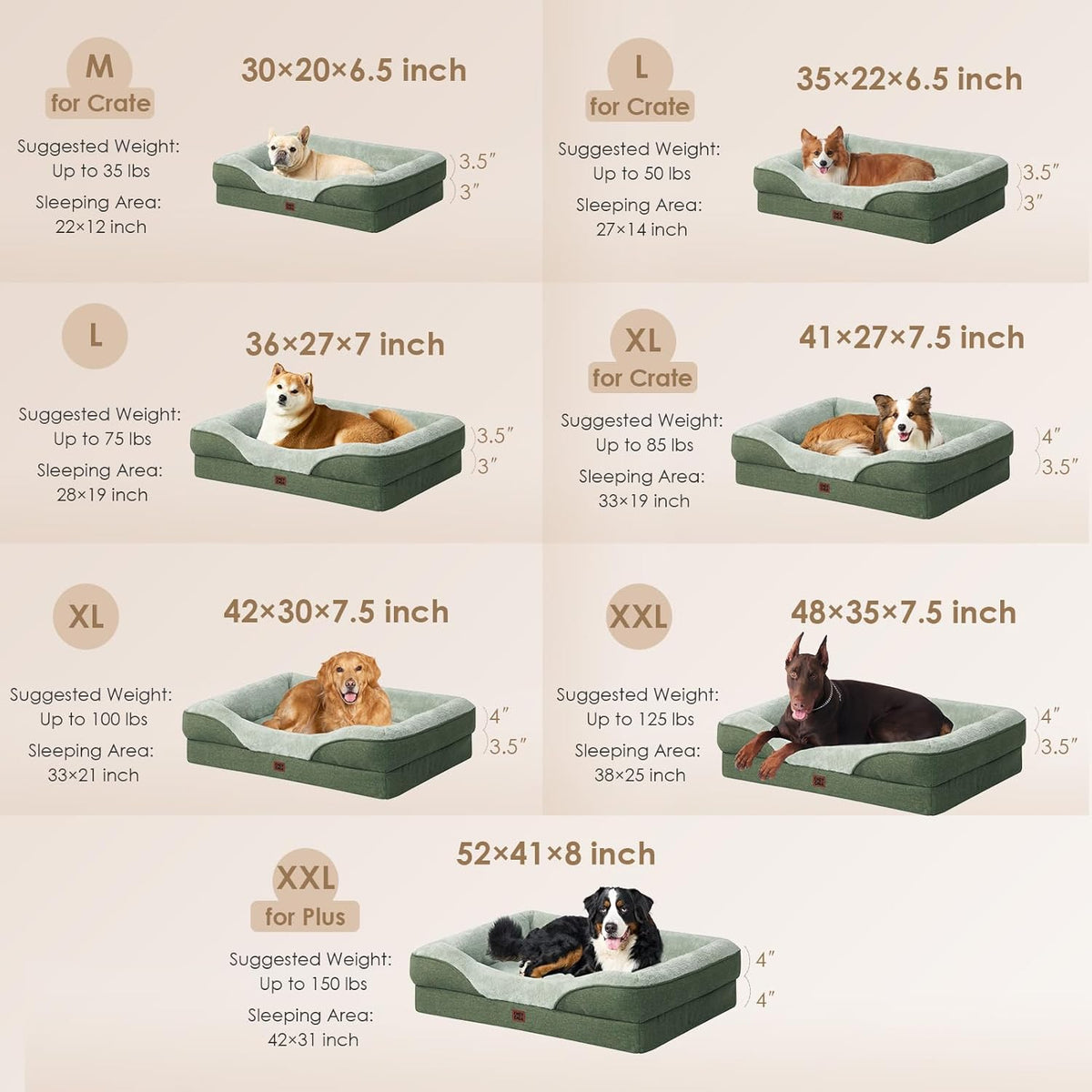 EHEYCIGA Memory Foam XXL Dog Bed for XLarge Sized, Extra Large Orthopedic Dog Sofa with Sides and Waterproof Liner, Washable Bolster Pet Couch with Removable Cover, 52x41x8 Inch, Green
